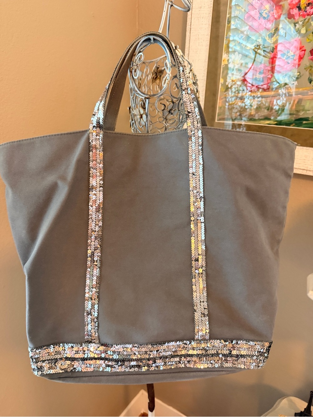 Vanessa Bruno Gray Canvas Cabas Large Tote Bag with Sequin Trim